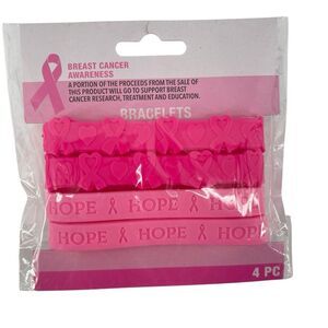 Breast Cancer Awareness Pink Silicone Bracelets 4 Pack HOPE Ribbon New